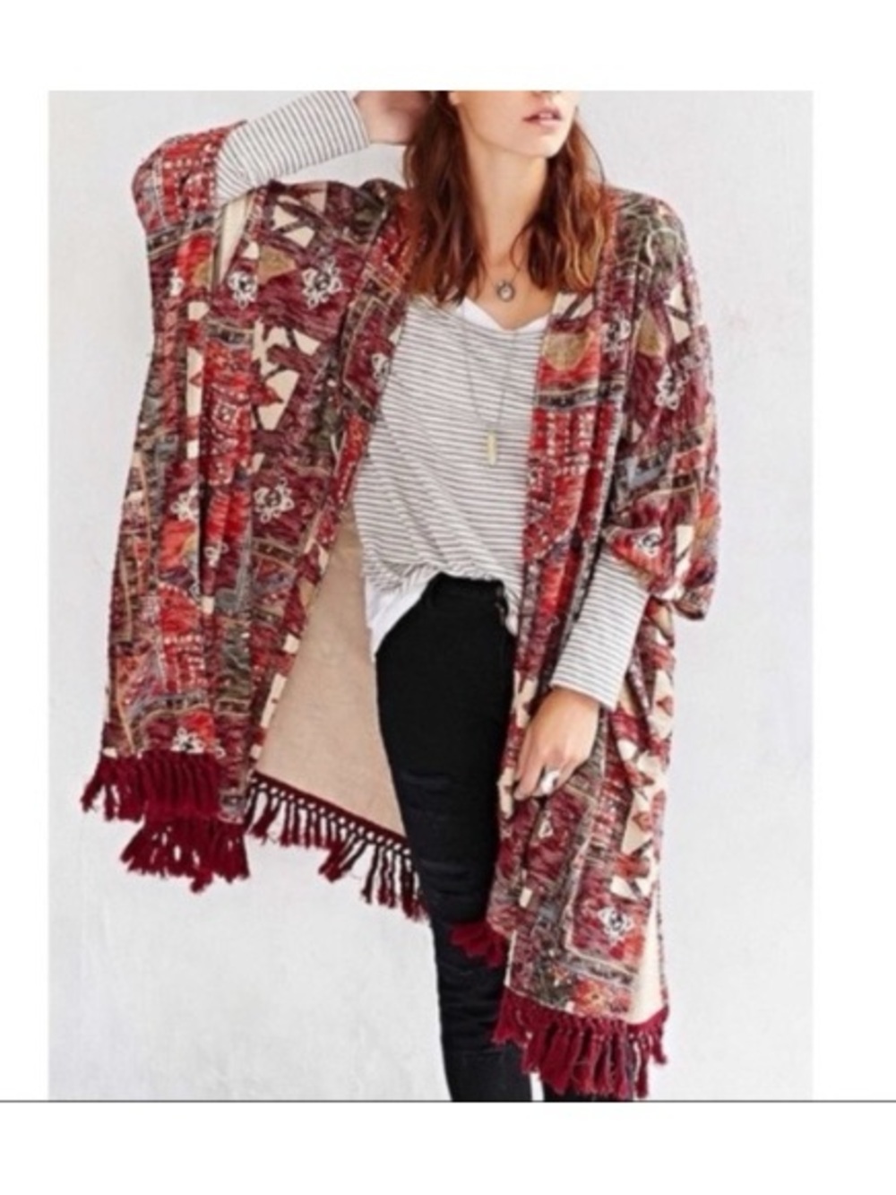 Ecote Urban Outfitters Boho Print Kimono with Fringe One Size